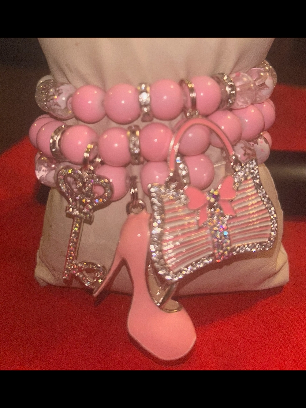 Pink Beaded Charm Bracelet Stack with Key, Heel & Purse Charms